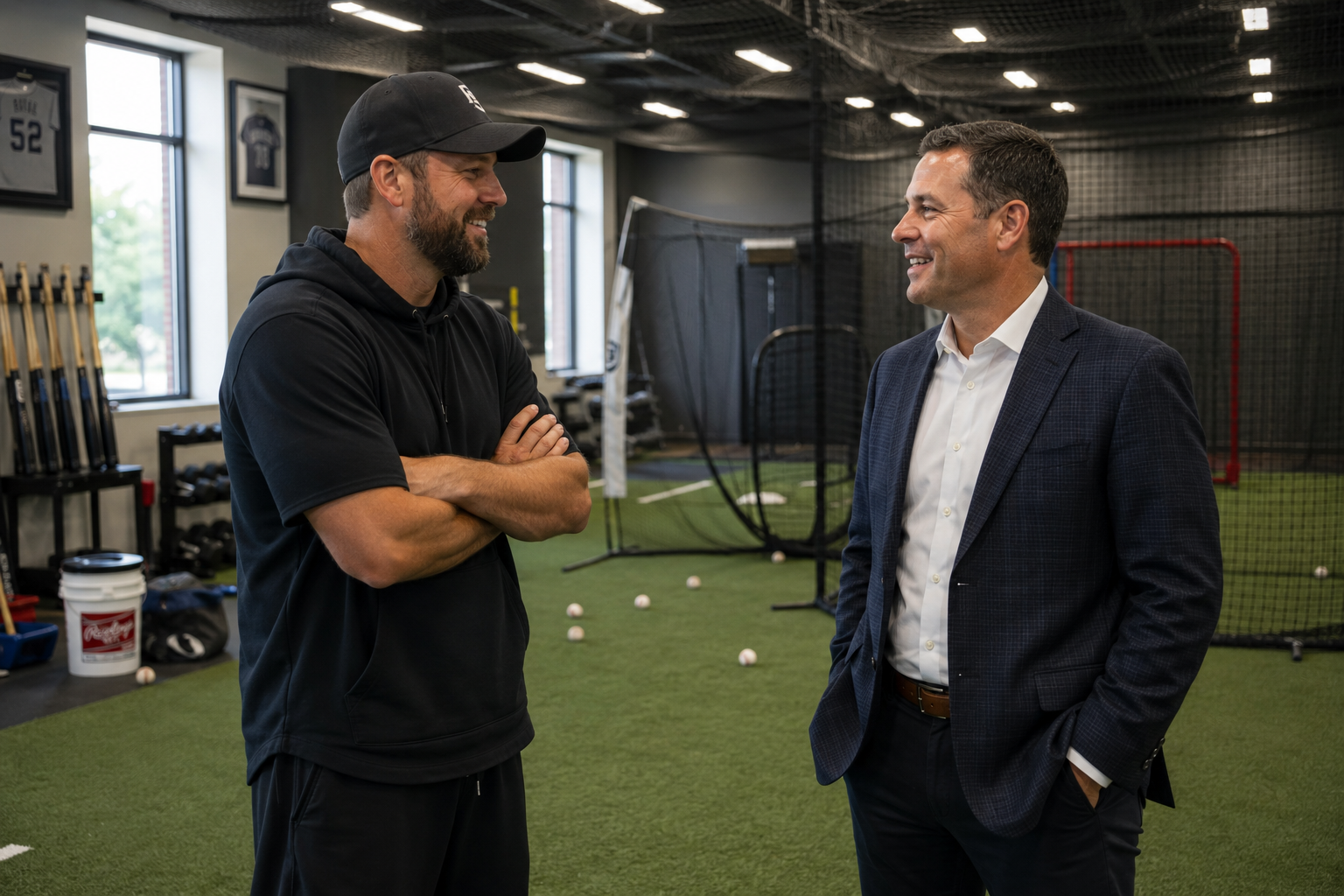 A youth sports coach and a business partner talking inside a training facility